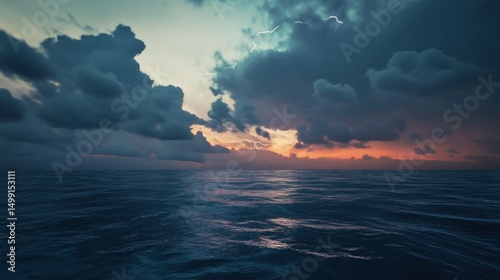 Dramatic ocean storm with lightning, dark clouds and vibrant sunset hues