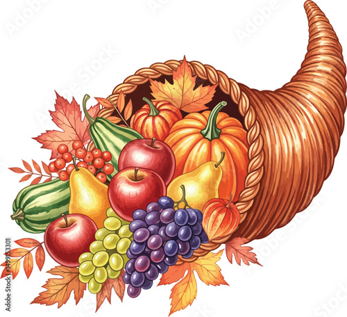 Thanksgiving Cornucopia Illustration, Festive Fall Cornucopia Graphic