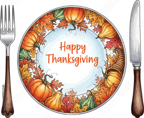 Happy Thanksgiving Plate Setting, Autumn Harvest Plate with Utensils