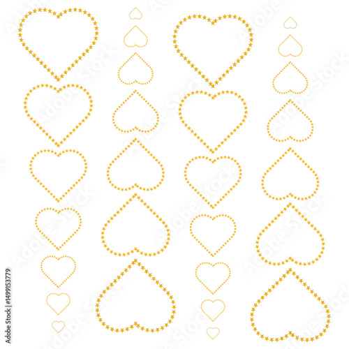 A series of outlined heart shapes arranged in vertical rows, decreasing in size from top to bottom. 