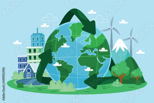 Flat Eco Background with Earth Recycling Symbol