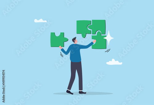 Solve puzzle problem, think of solution, finish or accomplishment, creativity idea or challenge, connect jigsaw piece to resolve work or business trouble, complete jigsaw puzzle.