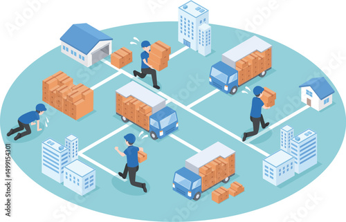 大量の荷物を街中に届けるために苦労している配送業者のアイソメトリックイラスト