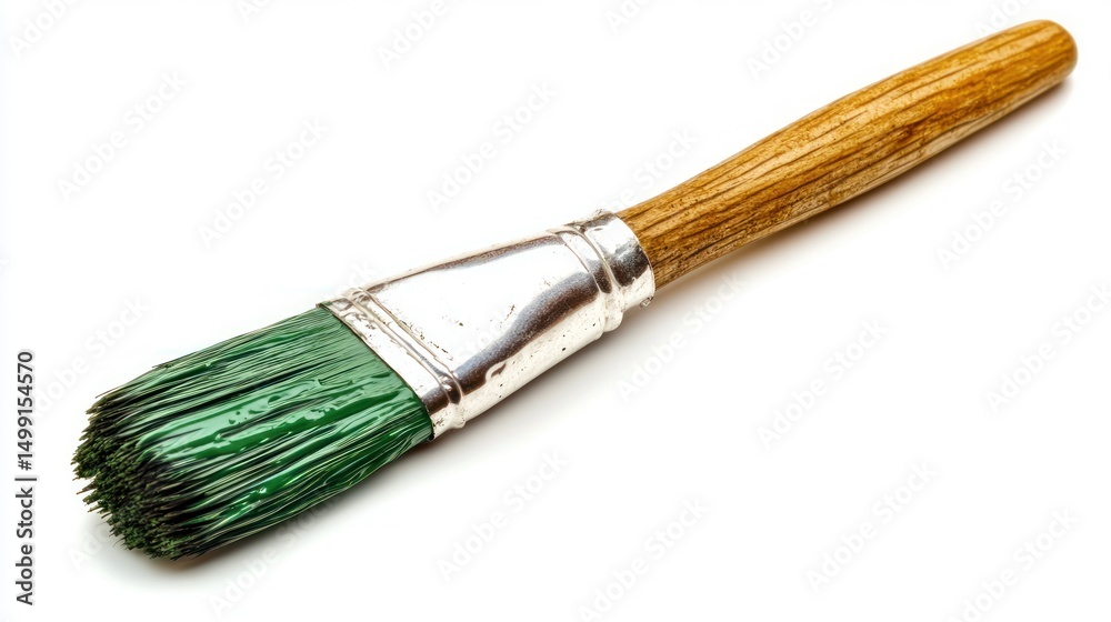 Fototapeta premium Used green paintbrush on white background