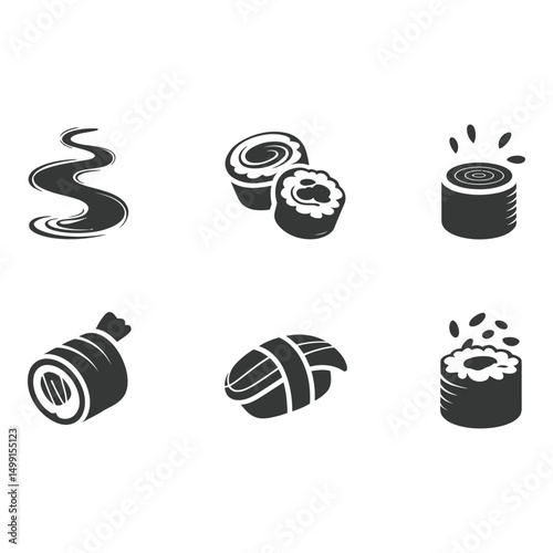 Sushi cravings set Artistic silhouette icons capturing a variety of delicious Japanese rolls and