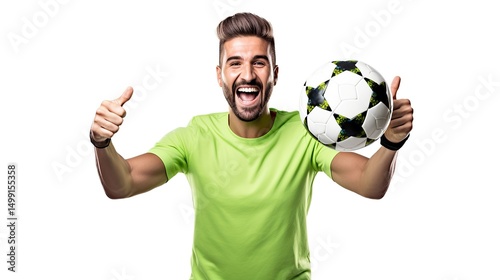 Excited soccer enthusiast celebrating a victory with ball and thumbs up gesture