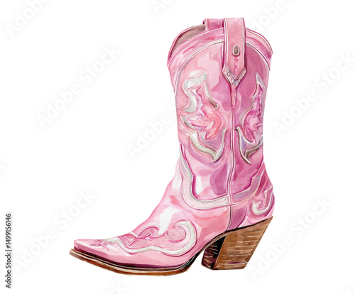 Pink cowboy boot design for fashion and western themes, cut out transparent
