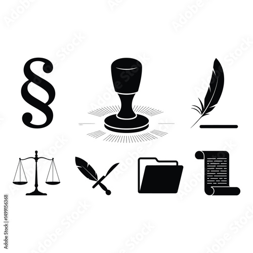 Symbols of justice and law including scales stamps documents and quills in strong minimalist