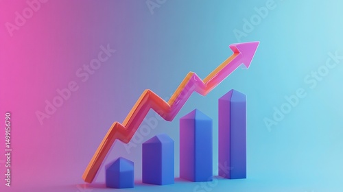 Free Download 3D rendered dynamic growth chart with a prominent rising arrow on a stylish blue gradient background, symbolizing business success and progress. This modern data visualization element - GFXLoad