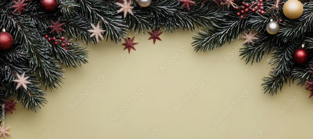 Fototapeta premium Chartreuse Christmas Banner with Ruby Red Star, Frosted Ornaments, and Lush Evergreen Fir Sprigs