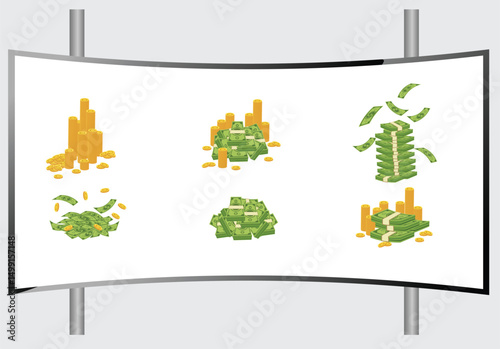 Cartoon money and coins. Green dollar banknotes pile, golden coin and rich. Bank debt bill investment, earnings treasure or jackpot money capital. Isolated vector illustration icons.