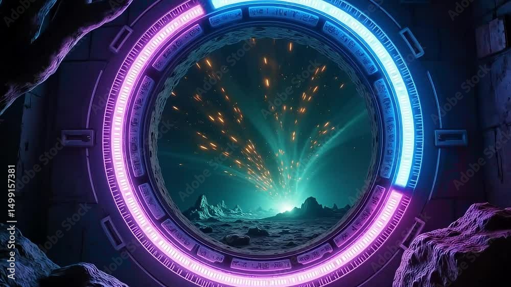 Futuristic portal with neon lights opening onto a landscape with mountains and glowing particles high quality 4k video