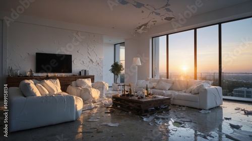 Ruined living room after earthquake at sunset showing devastation and destruction