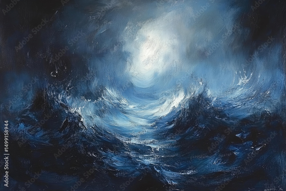 Fototapeta premium Stormy sea at night, with a glimmer of light