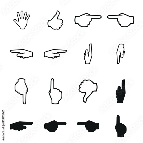 Collection of hand gestures and poses in outline and silhouette