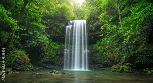 Serene Waterfall Cascading Through Lush Green Forest