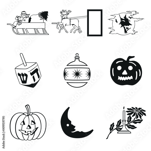Collection of holiday and seasonal icons for autumn and winter celebrations