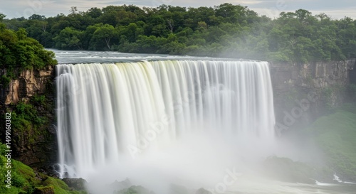Majestic Waterfall Cascading Down Lush Green Cliffs