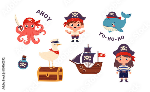 Collection of adorable pirates elements for kids birthday, party, events. Cute pirate set, flat vector illustration in childish style