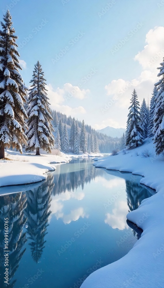 Fototapeta premium Serene winter landscape featuring a frozen lake, snow-covered trees, and a clear sky reflecting on the ice Perfect for winter, nature, and seasonal themes , stillness, horizon