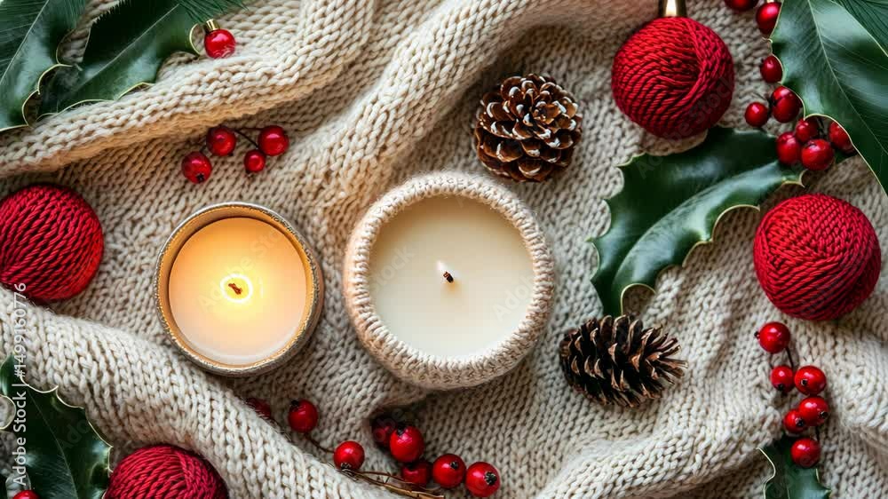 Soft Scandinavian Christmas decorations with candles and pinecones create a serene and natural holiday atmosphere.
