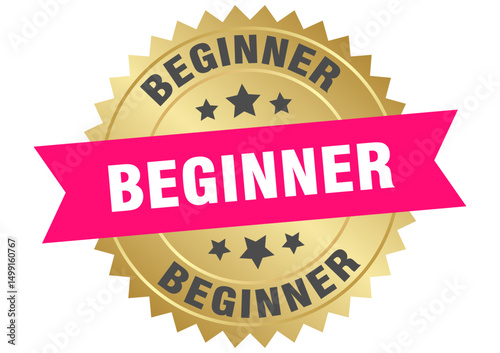 beginner. beginner round pink and gold label isolated on transparent background
