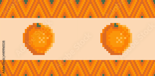 Orange Pixel icon seamless summer pattern with stylized zigzag stripes. Geometric summer background with fruits. Retro video game style. Perfect for retro summer design, menus, fabrics, packaging