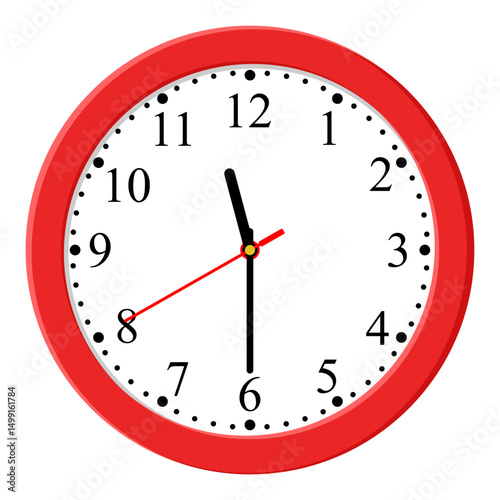 Red Clock icon design on a light background, flat style. Time icon. 11:30 o'clock. Circle badge, symbol, clock sign for website design.