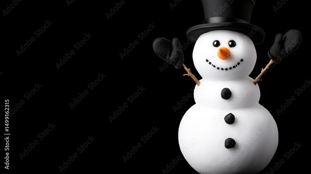 Fototapeta premium Cheerful snowman with black hat and gloves, smiling with carrot nose and buttons