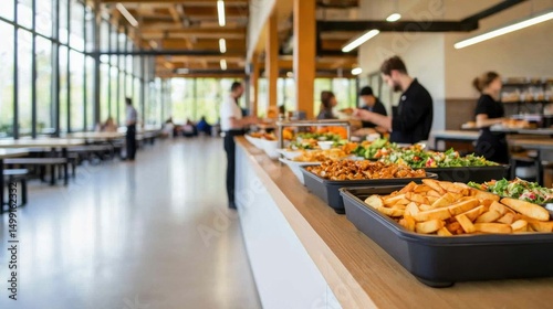 Spacious Modern Cafeteria with People Selecting Food in Bright Open Space