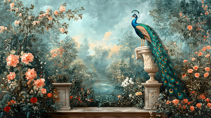 Vintage Roman mural wallpaper with garden, forest, peacock, bird, flower vase, botanical plant landscape illustration