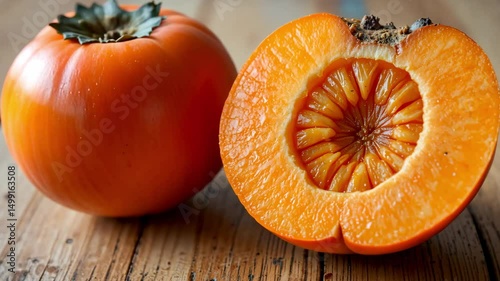 Wallpaper Mural Close-up of sliced persimmon fruit showing juicy texture and vibrant orange color, perfect for organic food, healthy diet and fresh fruit concept. Torontodigital.ca
