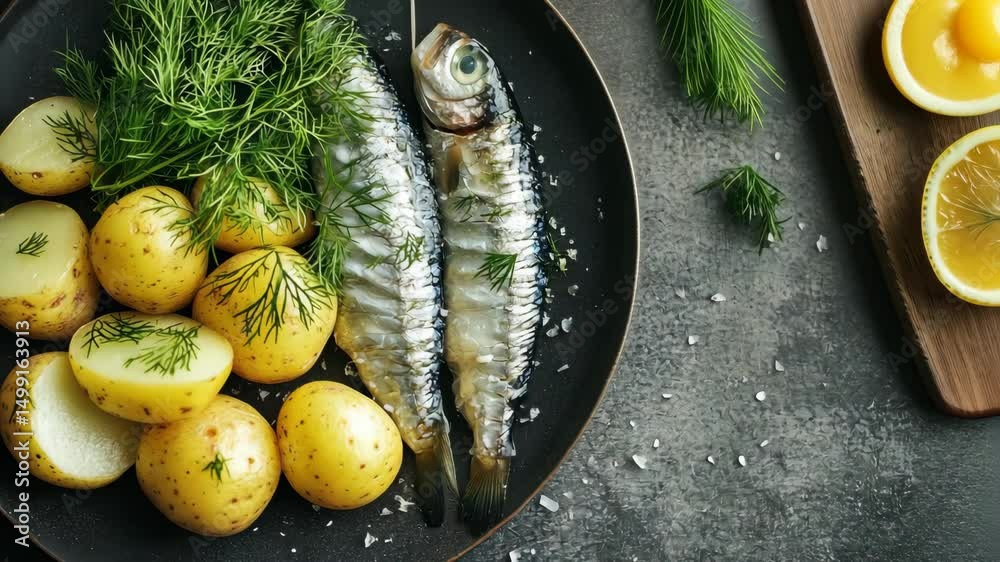 Fresh fish with herbs arranged for cooking, representing traditional Scandinavian holiday meals like Christmas or midsummer feasts.
