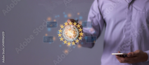 Young man using smartphone hand touching to Interconnect, Interconnected Concept; People connect via wireless internet in a world of digital technology 