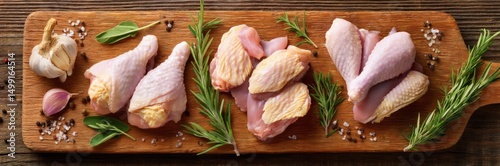 Raw chicken pieces arranged...