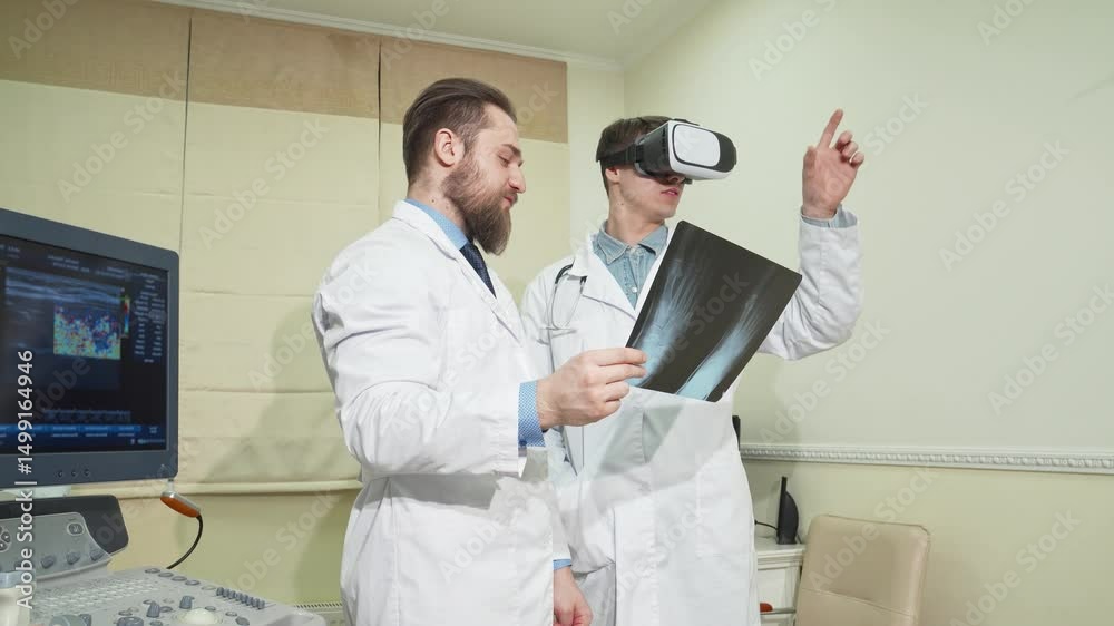 custom made wallpaper toronto digitalDoctors collaborating with 3D VR glasses and examining a patient's x-ray