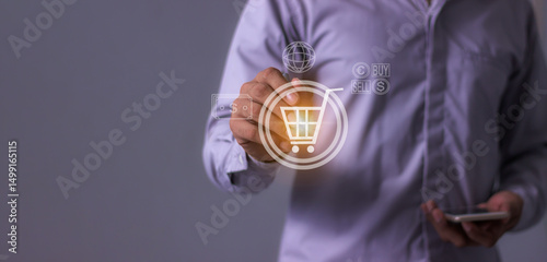 Young Man Using Smartphone Hand Touching Online Shopping Icon, Mobile payment, Online payment, Digital, Bank account phone, Mobile banking payment concept