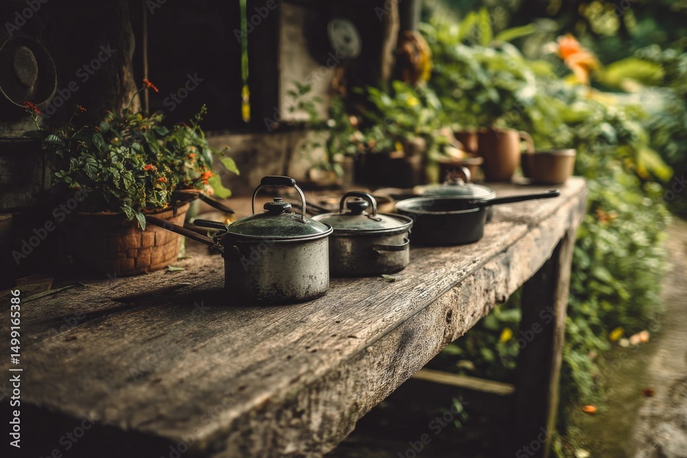 Old kitchen utensils and potted plants on a rustic wooden table in a lush outdoor garden setting Old kitchen utensils and potted plants on a rustic wooden table in a lush outdoor garden setting