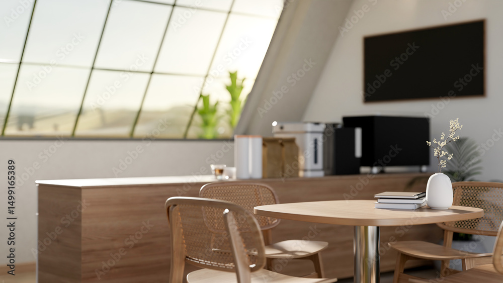 A set of wooden stool table and chairs inside cafe with coffee making counter bar under roof window A set of wooden stool table and chairs inside cafe with coffee making counter bar under roof window
