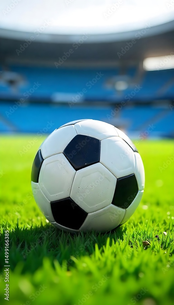 Fototapeta premium Generative AI A Classic Football Resting on Lush Green Grass at Stadium