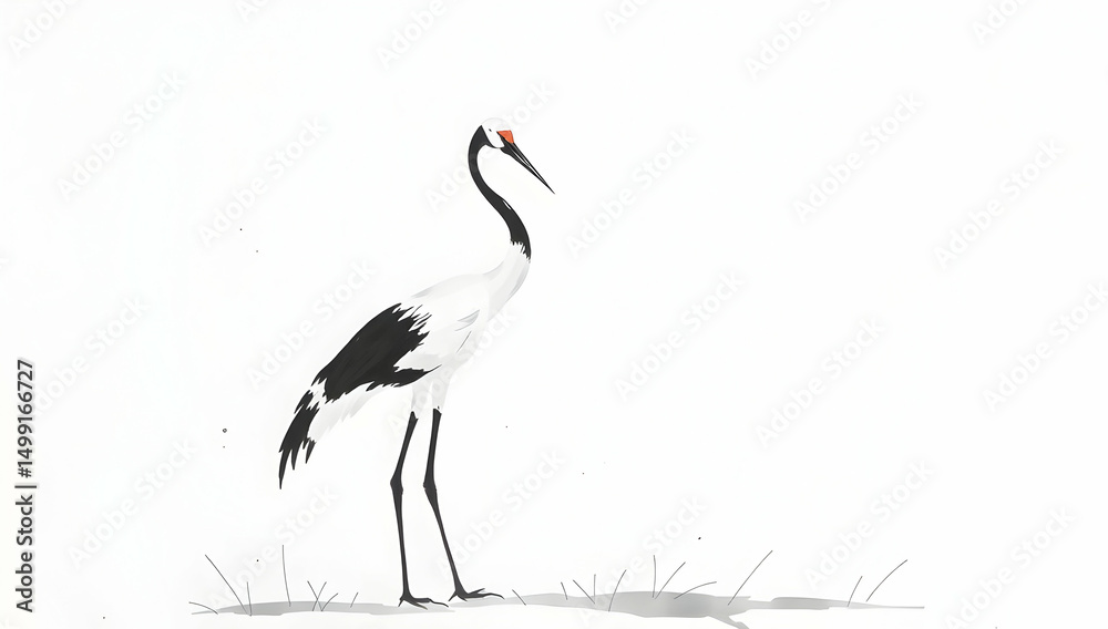 Fototapeta premium Elegant crane in minimalist sumi-e style, ink-washed with subtle details and tranquility. 