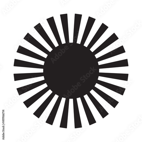 A vector illustration of a black silhouette of a large rising sun with long, evenly spaced rays extending outward
