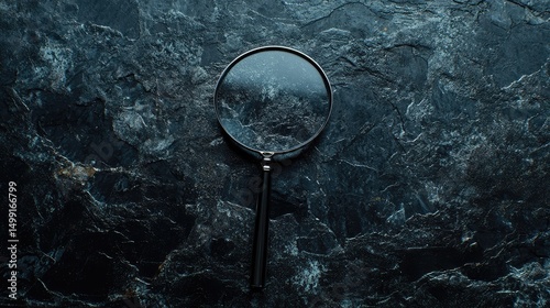 Chrome magnifying glass on a dark textured background with soft glow
