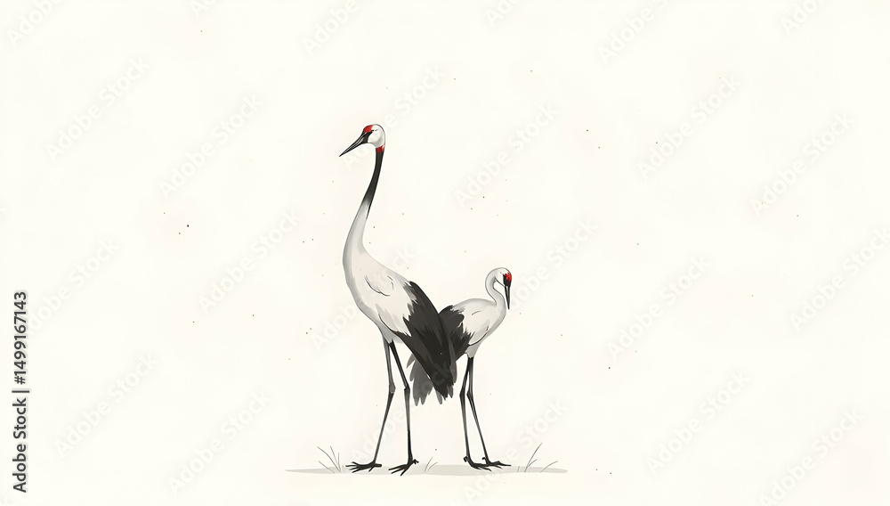 Obraz premium Elegant crane in minimalist sumi-e style, ink-washed with subtle details and tranquility. 