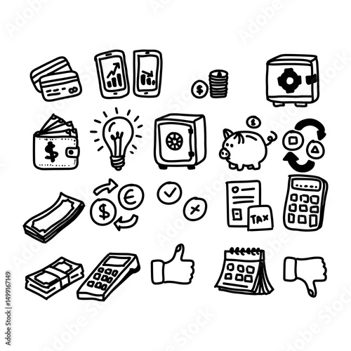 Finance, Money, Banking, Business, and Investments A Collection of Hand-Drawn Icons