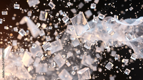Crystal cubes falling through air abstract background