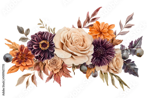 Autumn watercolor floral bouquet with burgundy dahlia and peach rose flowers isolated on transparent background