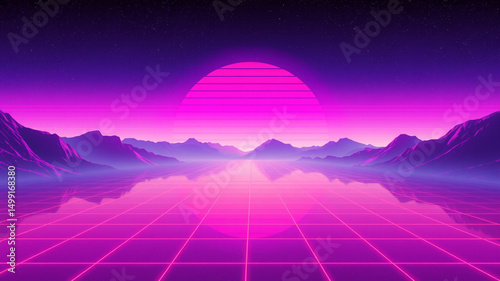 Retro futuristic synthwave landscape 80s sunset mountains