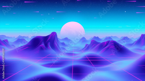 Retro futuristic synthwave landscape 80s style