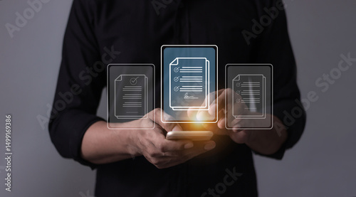 Young man with smartphone mobile hand touching to sign a Online Business Contract, Electronic signature, Contract signing, Digital documents, Future smart contract